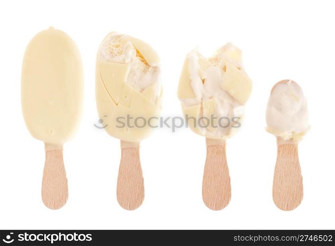 delicious white chocolate ice cream (being eaten up, sequential images) isolated on white background