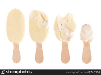 delicious white chocolate ice cream (being eaten up, sequential images) isolated on white background