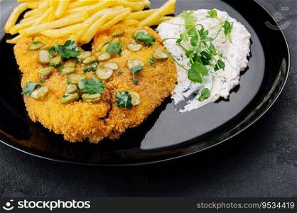 Delicious wiener hunter schnitzel with sauce and french fries close-up on a plate