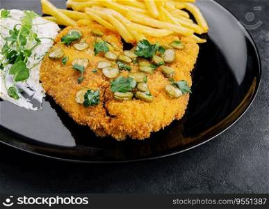 Delicious wiener hunter schnitzel with sauce and french fries close-up on a plate
