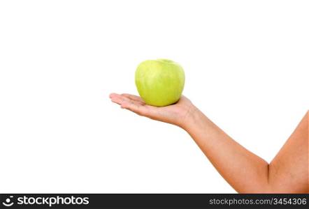 Delicious yellow apple over a hand on a white background