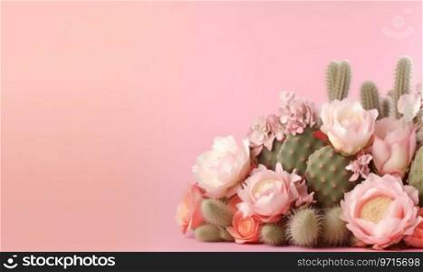 Delightful floral and cacti display, blending vibrant colors and forms on pink. AI Generative. Delightful floral and cacti display. AI Generative