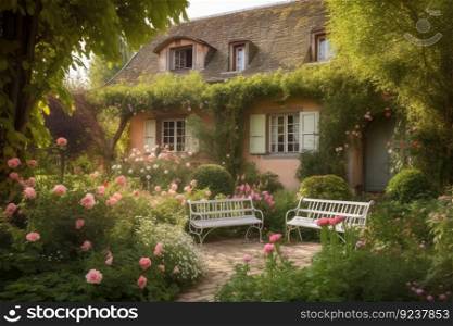 delightful french country house surrounded by blooming gardens, with wooden bench and lanterns for a romantic atmosphere, created with generative ai. delightful french country house surrounded by blooming gardens, with wooden bench and lanterns for a romantic atmosphere