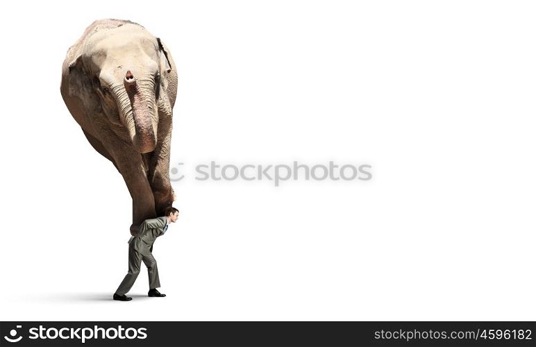 Delivering service. Tired businessman carrying elephant on his back