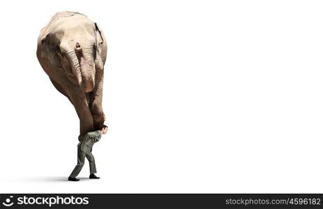 Delivering service. Tired businessman carrying elephant on his back
