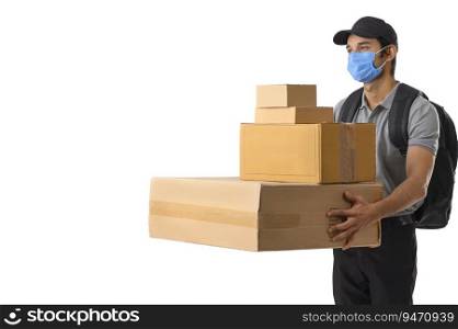 Delivery boy wearing a facemask holding packages in his hands