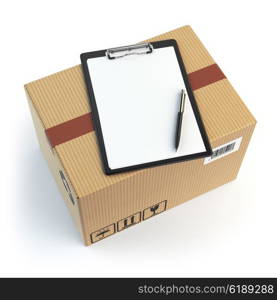 Delivery concept. Cardbox, pen and clipboard with receiving form isolated on white. 3d illustration