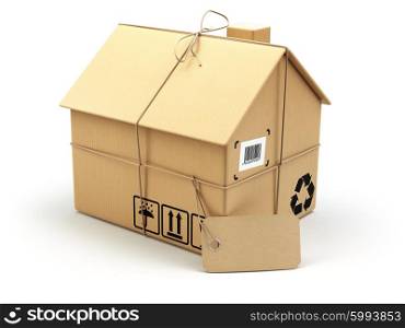 Delivery concept. Moving house.Real estate market. Cardboard box as home isolated on white. 3d