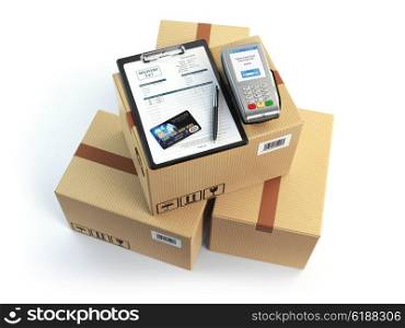 Delivery concept. Parcel cardbox clipboard with receiving form and pos terminal and credit card isolated on white. 3d illustration