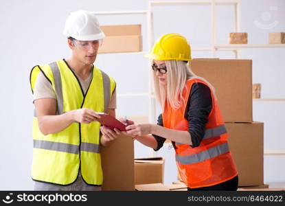 Delivery contractor delivering boxes to office