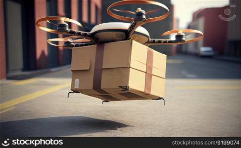 Delivery drone, Autonomous delivery robot, Business air transportation concept. Generative ai illustration. . Delivery drone, Autonomous delivery robot, Business air transportation concept. Generative ai. 