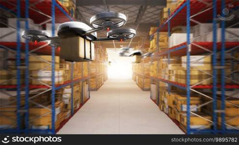 Delivery drone delivering the packages to the distribution center and customers from warehouse storage. Futuristics industrial technology transportation vehicle concept. 3D illustration rendering