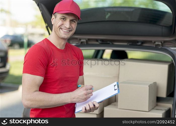 delivery guy holding clipboard