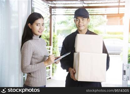 Delivery mail shipping package services . Young deliveryman in uniform shipping goods package to recipient from shopping online and signing for got parcel package service on clipboard.