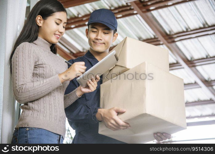 Delivery mail shipping package services . Young deliveryman in uniform shipping goods package to recipient from shopping online and signing for got parcel package service on clipboard.