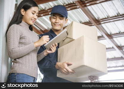 Delivery mail shipping package services . Young deliveryman in uniform shipping goods package to recipient from shopping online and signing for got parcel package service on clipboard.