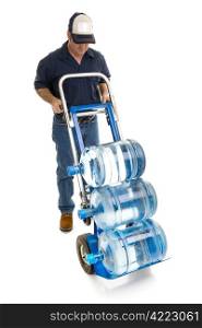 Delivery man bringing five gallon water bottles on a hand truck. Room for your logo on his hat. Full body isolated on white.