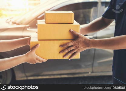 Delivery man delivering holding parcel box to customer