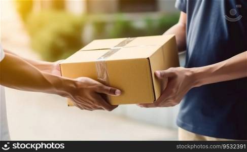 Delivery man delivering, holding parcel box to customer