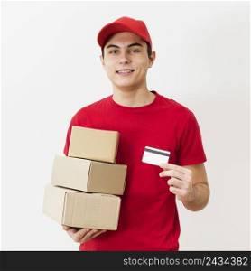 delivery man with packages credit card