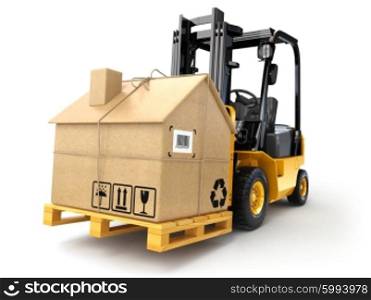 Delivery or moving houseconcept. Forklift with cardboard box as home isolated on white. 3d