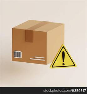 Delivery package box with warning sign. Box, package, parcel sign. Minimalism concept. 3d render illustrtion.