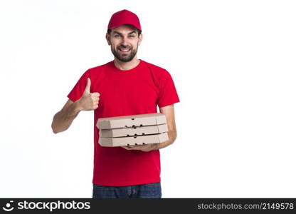 delivery pizza boy holding boxes thumbs up copy space