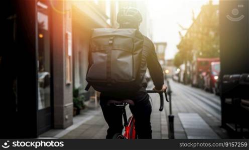 Delivery rider riding a bicycle through the city with his delivery backpack on his back by generative AI
