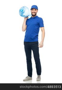 delivery service and people concept - happy man or courier with bottle of water. happy delivery man with bottle of water
