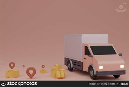 delivery service concept, Delivery to home. Delivery van, brown box package and pin. 3D rendering.