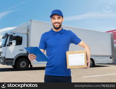 delivery service, mail, logistics, people and shipping concept - happy man with parcel box and clipboard over truck on street background. happy delivery man with parcel box and clipboard