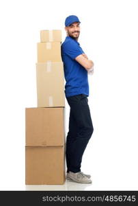 delivery service, mail, logistics, people and shipping concept - happy man with parcel boxes