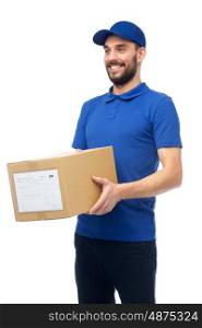 delivery service, mail, people, logistics and shipping concept - happy man with parcel box