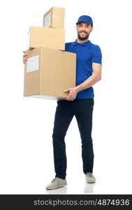 delivery service, mail, people, logistics and shipping concept - happy man with parcel boxes