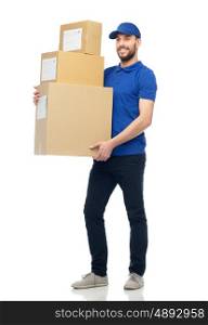delivery service, mail, people, logistics and shipping concept - happy man with parcel boxes