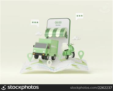 Delivery service on mobile application, Transportation delivery by truck or scooter, 3d illustration