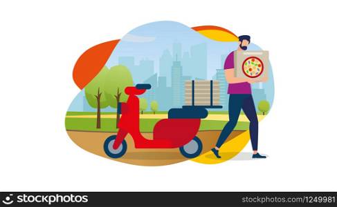 Delivery Service Order Shipping. Cartoon Man Character Carry Pizza Box in Hands. Red Scooter Stand Behind on Cityscape View Background. Flat Vector Illustration, Icon Isolated on White Background.. Delivery Service Order Shipping. Man and Scooter