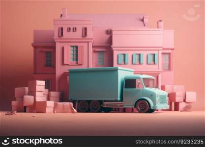 Delivery service truck pink style. City background. Generate Ai. Delivery service truck pink style. Generate Ai
