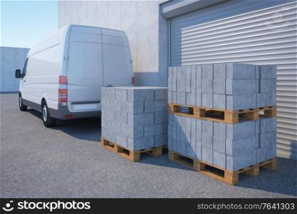 delivery van with a concrete block near warehouse, 3d rendering
