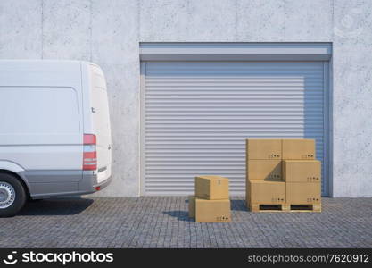 delivery van with a paper boxes near warehouse, 3d rendering