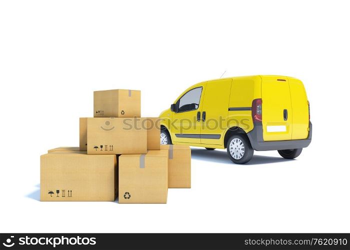 delivery van with a paper boxes on white background, 3d illustration