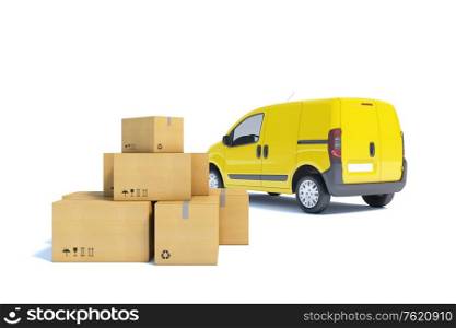 delivery van with a paper boxes on white background, 3d illustration