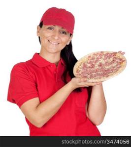 Delivery woman of pizza isolated on white background
