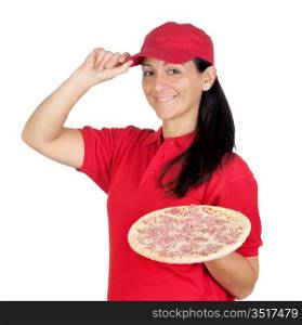 Delivery woman of pizza isolated on white background