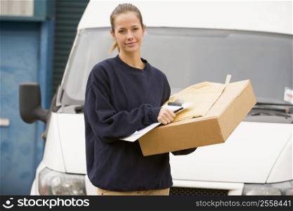 Deliveryperson standing with van with clipboard and box