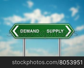 demand and supply on green road sign with blurred blue sky