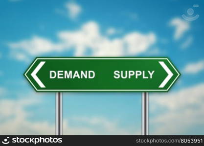 demand and supply on green road sign with blurred blue sky