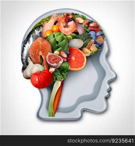 Dementia and Mediterranean diet as a traditional way of eating based on the cuisine of Greece Italy Spain and Turkey as whole unprocessed healthy brain food to help fight neurological disease with 3D elements.