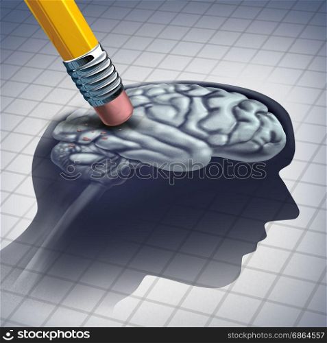 Dementia illness and disease as a loss of brain function and memories as alzheimers as a medical health care icon of neurology and mental problems with a pencil erasing the head anatomy with 3D illustration elements.