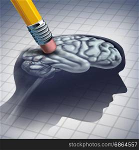 Dementia illness and disease as a loss of brain function and memories as alzheimers as a medical health care icon of neurology and mental problems with a pencil erasing the head anatomy with 3D illustration elements.
